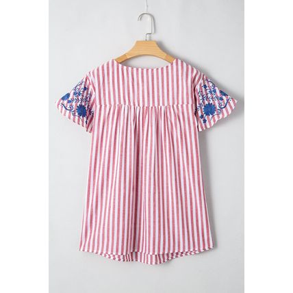 Red Stripe Plus Size Floral Embroidered Petal Sleeve Blouse