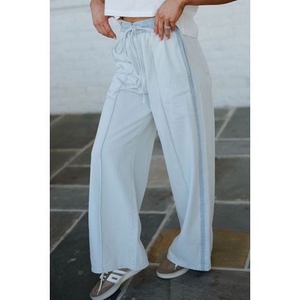 Beau Blue Light Wash Contrast Trim Center Seam Drawstring High Waist Wide Leg De