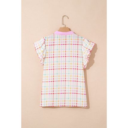 White Plaid Flutter Sleeve Colorblock Ric Rac Split V Neck Blouse