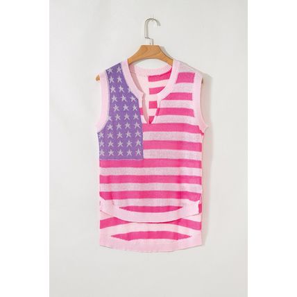 Pink Stripe USA Flag Notched Neckline Loose Sweater Vest