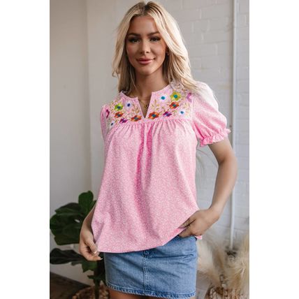 Pink Floral Embroidered Puff Sleeve Notched V Neck Blouse