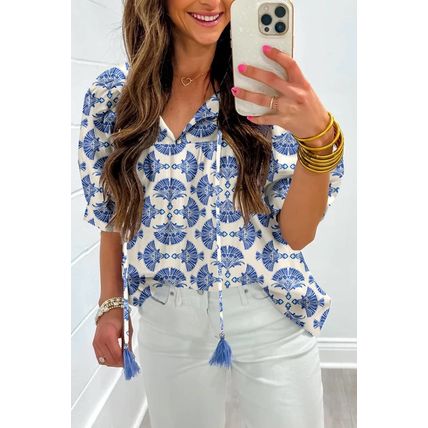 Sky Blue Geometric Print Tassel Drawstring V Neck Blouse