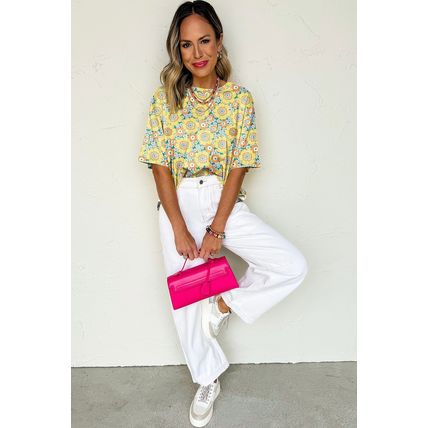 Yellow Summer Flower Printed Drop Shoulder Loose T Shirt
