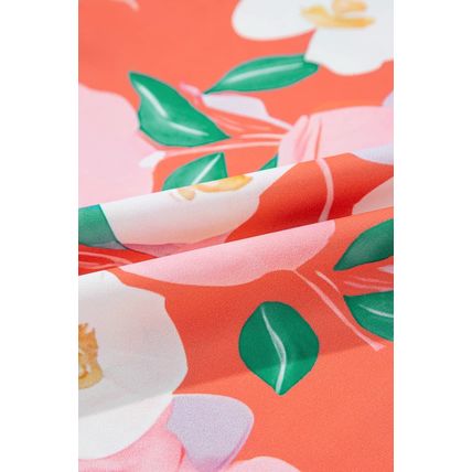 Fresh Salmon Floral Print Contrast Striped Trim Polo Collar T Shirt Dress