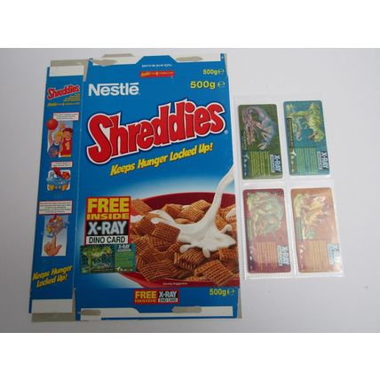 Nestle 1997 Shreddies X-Ray Dinosaurs Cereal Box & Set of 4 Cards