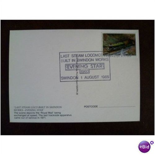 Last steam loco Swindon Evening Star 1985 SWPR28 Postcard FDI Train 34p stamp