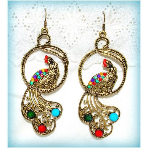 Tibetan Tribe MultiColour Cockerel Crystal Bronze Hook Earrings Jewellery 1468