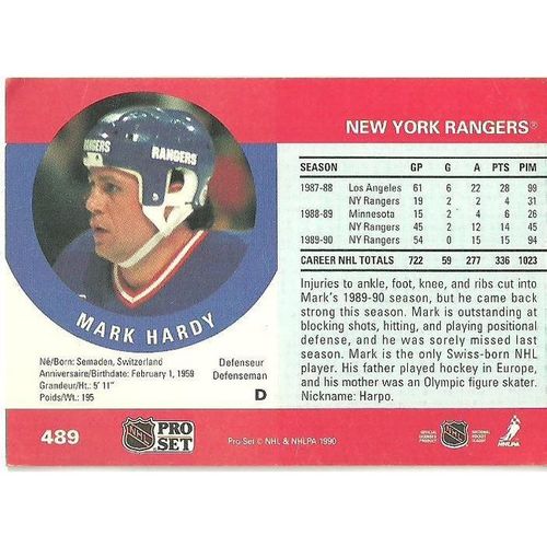 NHL Pro Set 1990 Hockey Trading Card #489 Mark Hardy #14 New York Rangers