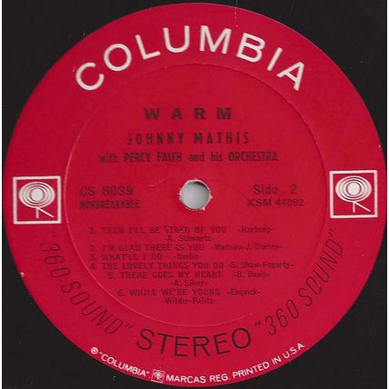 Columbia stereo LP #CS8039 - Johnny Mathis & Percy Faith Orchestra - "Warm"