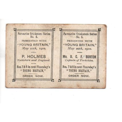 YOUNG BRITAIN FAVOURITE CRICKETERS TRADE CARD 1922 No.5 & 6 P.HOLMES & D.BURTON