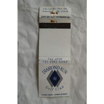 Matchbook Cover Diamond Run Golf Club, Laurel Oak Drive, Sewickley PA