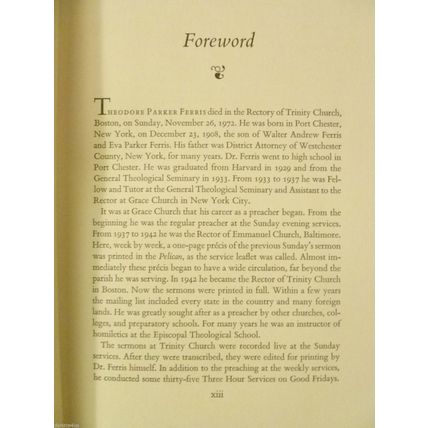 THEODORE PARKER FERRIS SELECTED SERMONS TRINITY CHURCH PRIVATE PRESS HCDJ 1976