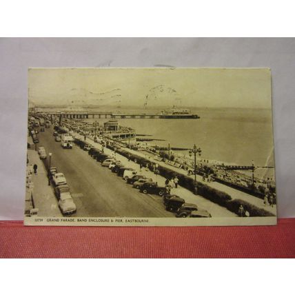 GRAND PARADE BAND ENCLOSURE & PIER, EASTBOURNE, SUSSEX used postcard 1958 pm =