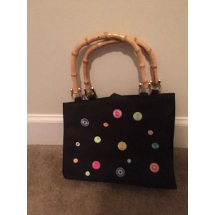 Vtg Madison Studio Polka Dot Hand Bag Bamboo with Handles Purse Lined