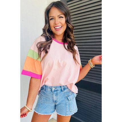 Women Oversized Color Block T-Shirt Casual Loose Crewneck Short Sleeve