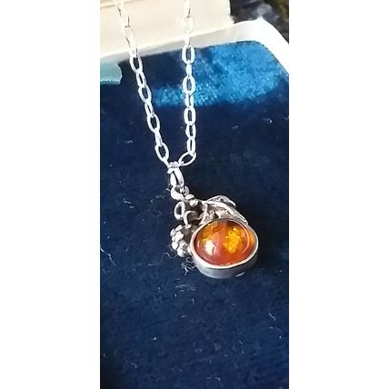 Antique Vintage 1940-s 925 Sterling Silver Natural Amber Pendant & 18 Inch Chain