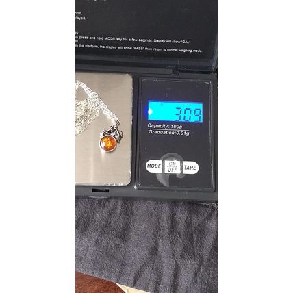 Antique Vintage 1940-s 925 Sterling Silver Natural Amber Pendant & 18 Inch Chain