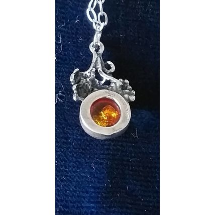 Antique Vintage 1940-s 925 Sterling Silver Natural Amber Pendant & 18 Inch Chain
