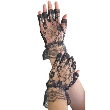 Black Fingerless Lace Gloves Wrist Length Ruffle Gothic Costume Accessory