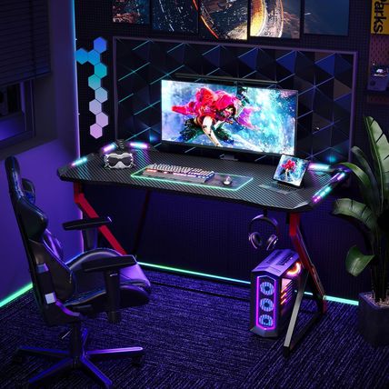 TIQLAB Gaming Desk with LED Lights, 40 Inch Computer Desk Z Shaped Gamer Worksta