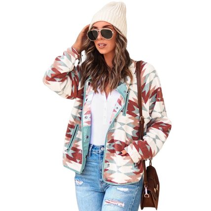 Red Western Aztec Buttoned Zipper Pockets Fleece Jacket