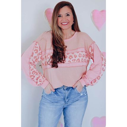 Pink Leopard Patchwork Exposed Seam Waffle Knit Top
