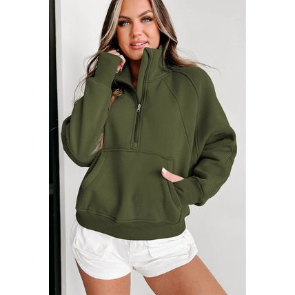 Green Zip Up Stand Collar Ribbed Thumbhole Sleeve Sweatshirt