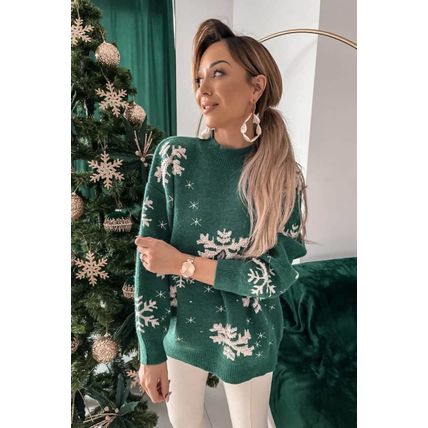 Blackish Green Christmas Snowflake Mock Neck Sweater