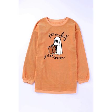 Orange Spooky Season Ghost Print Ribbed Pullover Sweatshirt