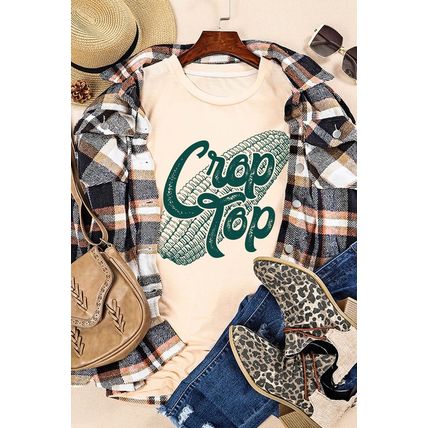 Khaki Corn Crop Top Graphic Tee