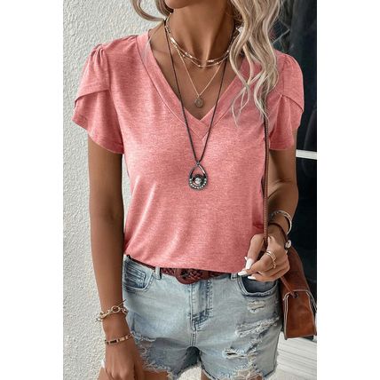 Rose Tan Fashion Petal Sleeve V Neck T Shirt