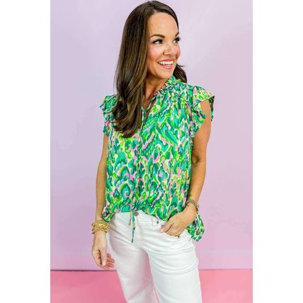 Green Abstract Print Ruffled Trim Tied Split Neck Tank Top