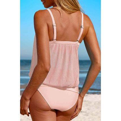 Pink Striped Mesh Knotted Hem Tankini Swimsuit