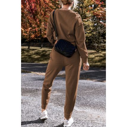 Coffee Solid Color High Low Pullover and Skinny Pants Set