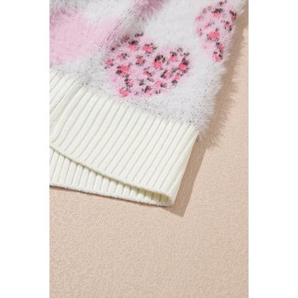 Pink Heart Leopard Print Pearled Ribbed Trim Fuzzy Sweater