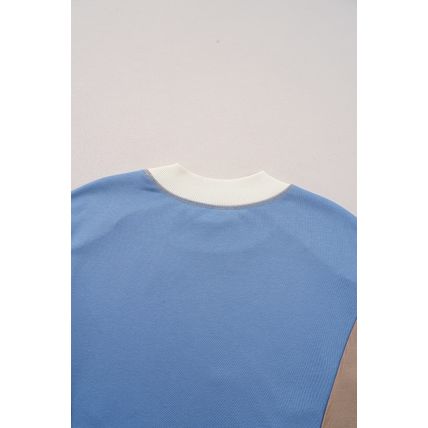 Sky Blue Ribbed Detail Color Block Sleeve Baggy Sweatshirt
