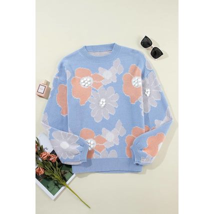 Beau Blue Floral O Neck Drop Shoulder Knitted Sweater