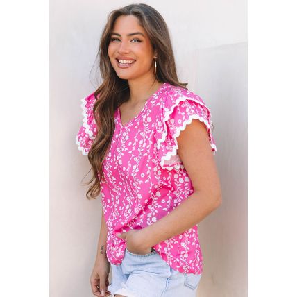 Pink Floral Print Ric-rac Tiered Ruffled V Neck Blouse