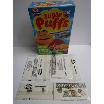 Quaker Sugar Puffs 2000 Trick Stickers Cereal Box & Set of 6 Sticker Packets