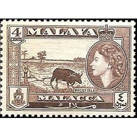 Malaya Malacca QEII 1957 4c Sepia Mounted Mint MM SG 41 Sc 47 stamp Ricefield