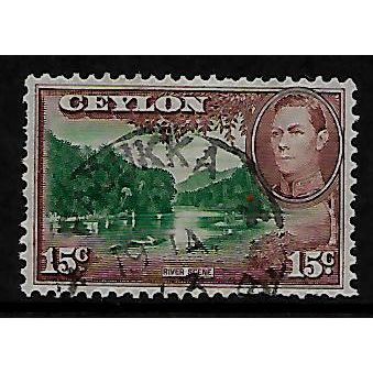 CEYLON 1938 15c GREEN & BROWN RIVER SCENE SG 390 FINE USED