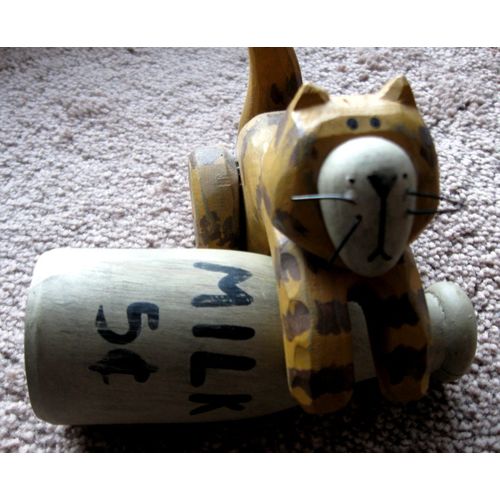 Unique Painted Wood Gold & Brown Tiger Kitty Cat With Matching Milk Bottle