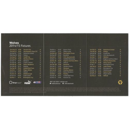 Fixture Card WOLVERHAMPTON WANDERERS 2014-15 (Mint Condition - No Folds)