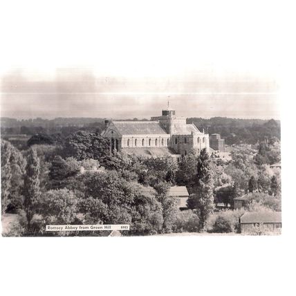 ROMSEY ABBEY FROM GREEN HILL, HAMPSHIRE used postcard RP 1975 postmark =
