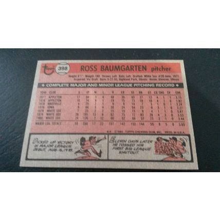 1981 Topps Card # 398 Ross Baumgarten Very Good-Excellent (4) Chicago White Sox