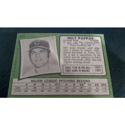 1971 Topps Card # 441 Milt Pappas Very Good (3) Chicago Cubs