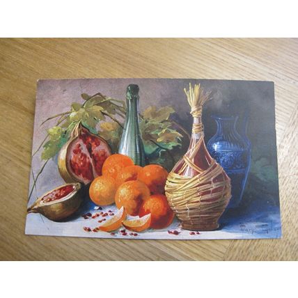 Early Ernest Nister Postcard- Still Life / Figs & Wine, Artist Mary Golay