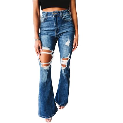 Blue High Waist Distressed Cutout Flare Leg Jeans
