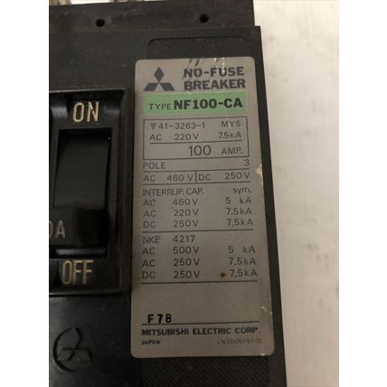 MITSUBISHI NF100-CA 3 POLE, 250vDC/460vAC 100A CIRCUIT BREAKER,CT