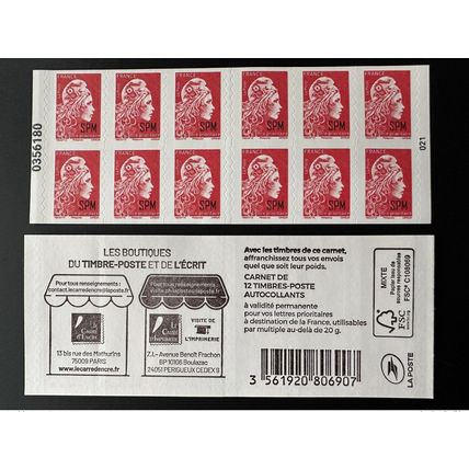 SPM France 2022 Booklet MH Carnet 12 TP Marianne l'Engagée numéro Adhésif 667ex